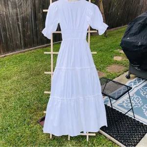 White Cotton Blend Tiered Puff Sleeves Maxi Dress M thumbnail 7