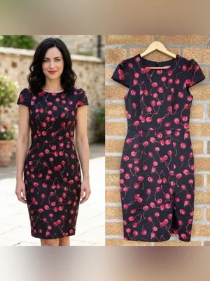 Betsey Johnson Cherry Print Dress 6 Coquette Cherrycore Retro Cap Sleeve Slit⁠ thumbnail 2