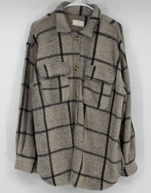 Z‎ SUPPLY Women Medium Gray Plaid Fuzzy Shacket Shirt Jacket Oversized thumbnail 1