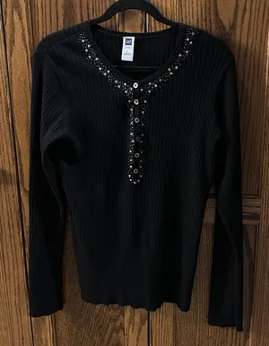 Vintage GAP Angora Henley Sweater‎ Womens Black Ribbed Beaded Cotton Wool Large thumbnail 1