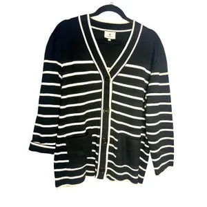 Tuckernuck Lauren Cardigan Size Small Black White Striped V Neck Sweater‎ thumbnail 3