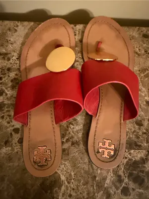 Tory Burch Red Leather Slide Sandals with Gold Medallions thumbnail 4