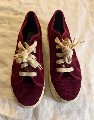 Women's Burgundy Corduroy Low-Top Sneakers with Cream Laces thumbnail 1