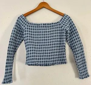 🦋 Wild Fable Blue Checkered Off the Shoulder Long Sleeve Crop Top Medium thumbnail 3