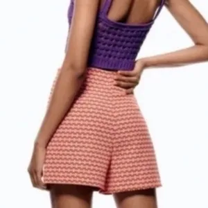 Zara Fitted High Waist Orange and Purple Geometric Print Shorts Small thumbnail 2