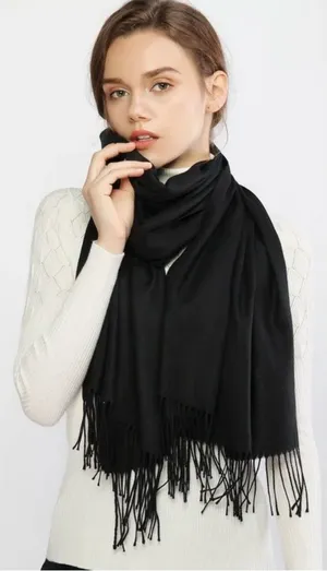 Classic Black Fringe Scarf 100% Viscose Lightweight -Silk Like Women Accessories thumbnail 1