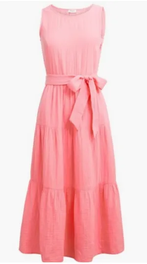 J. Crew Gauze Pink Sleeveless Tie-Waist Tiered Midi Dress Size 6 Spring/Summer thumbnail 1