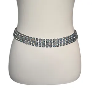 Vintage Silver Tone Clear Rhinestone Three Row Chain Belt Adjustable Formal Glam thumbnail 2