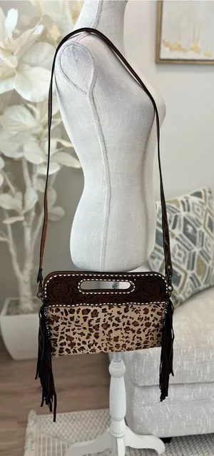 Rafter T Ranch Co Women's Brown Leopard Leather Crossbody Bag with Fringe thumbnail 1