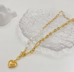 Pearl Beads Heart Pendant Gold Necklace thumbnail 3