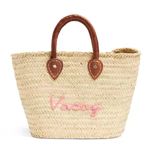 POOLSIDE Woven Straw Open Tote Pink “VACAY” Text Leather Handle Tote Purse thumbnail 1