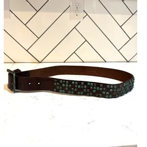 Vintage Brown leather metal turquoise patina studded belt size 34-38” western thumbnail 4