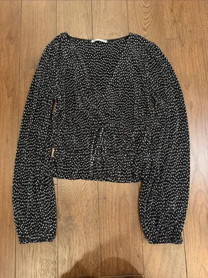 Zara Polka Dot Pleated Long Sleeve V-Neck Top Medium - C30-150 thumbnail 1