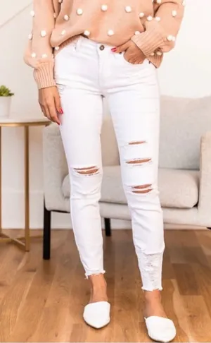 Kancan Vanessa Mid Rise‎ Distressed Raw Hem Ankle Skinny Jeans in White NEW thumbnail 1