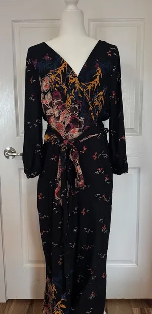 Anthropologie Feather Bone Wide Leg Jumpsuit Black Floral Boho V-Neck Size‎ 14 thumbnail 1