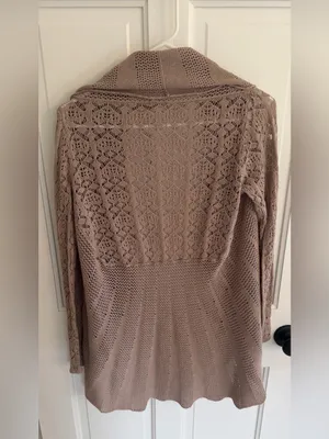Belldini Open Knit Cardigan Large Taupe‎ Crochet Lace Drape Front Sweater thumbnail 3
