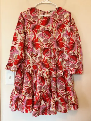 ZARA Sharon Crinkled Textured Floral Print Tiered Mini Dress Red/Pink Sz Large thumbnail 3