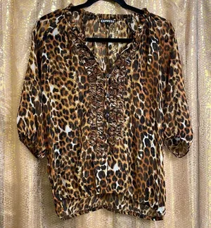 Express cheetah print sheer peasant style button blouse size S‎ thumbnail 1