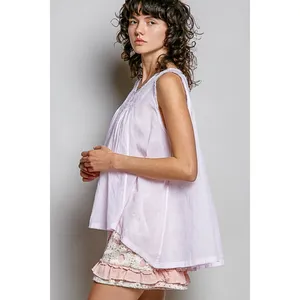POL Round Neck Sleeveless Striped Pleated Cotton Top -‎ Pink - Small thumbnail 2
