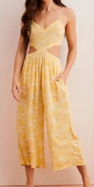 Aerie Yellow White Floral Print Smocked Cutout‎ Wide Leg Cropped Jumpsuit S thumbnail 1