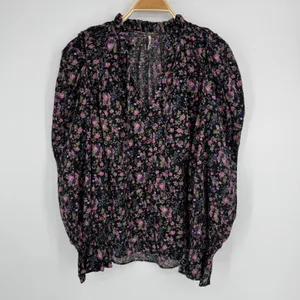 Free People Meant to Be Blouse Medium Black Floral Boho Romantic Puff Sleeve Top thumbnail 2