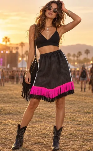 Homemade Pinstripe Fringe Sequin Pencil Skirt Sz M Hot Pink Y2K Festival Flapper thumbnail 1