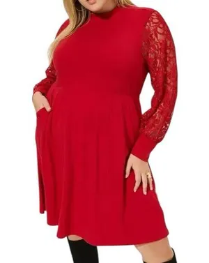 NWT Torrid Red At The Knee Jersey Lace Sleeve Mock Neck Skater Dress Size 1X thumbnail 1