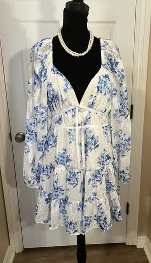 Blue and white floral summer sundress thumbnail 1