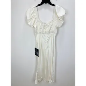 Lulus Catherine Ivory Satin Puff Sleeve Slip Midi Dress Romantic Cocktail L NWT thumbnail 11