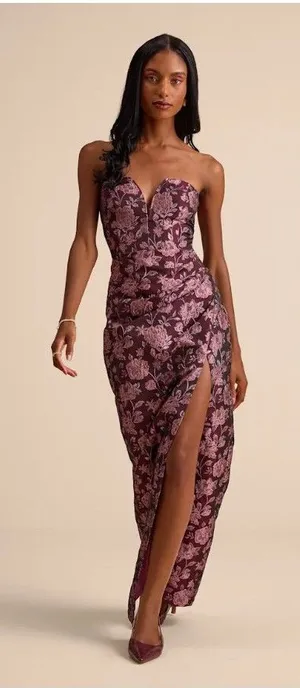 Lulus Dress Womens Small Purple Floral Strapless Jacquard Maxi Slit Gown Formal thumbnail 1