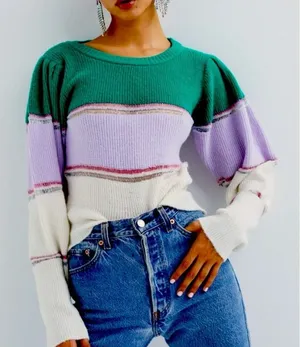 FOR LOVE AND LEMONS Arielle Puff Sleeve Color Block Striped Sweater Medium thumbnail 1