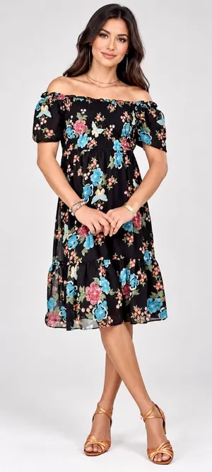Lauren Conrad Plus Balloon Sleeve Smocked Midi Dress Sz XL Black Butterfly thumbnail 1