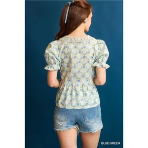 Umgee‎ Lace Detail Bow Print Flounce Sleeve Blouse thumbnail 3
