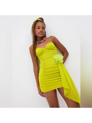 NWT FOR LOVE & LEMONS Lorlai Mini Dress in Lime Green Ruched Dress Medium thumbnail 2