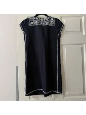 Calypso St. Barth 100% Linen Navy Blue White Embroidered Shift Dress Mini Small thumbnail 11