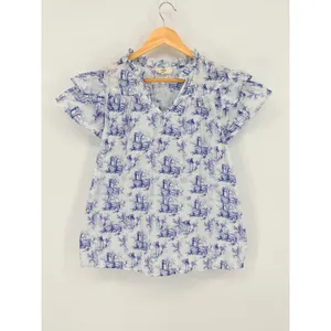 Entro Toile Flutter‎ Sleeve Blouse Womens Small White Blue Flutter Sleeve Ruffle thumbnail 3