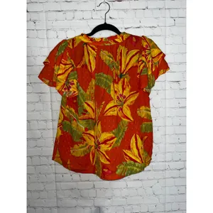Haute Hippie Orange Tropical Floral‎ V-Neck Tiered Flutter Sleeve Blouse Small thumbnail 4