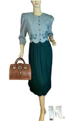 Miss Dorby Vintage 1990'S Green & White One Piece Dress With Tie Back Belt (6p) thumbnail 1