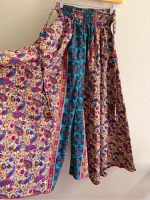 Handmade Boho Paisley Wide Leg Palazzo Pants Smocked Waist Floral Border XS/S thumbnail 2