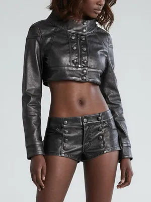 JADED LONDON Alektra Military Faux Leather Crop Jacket, Metallic Black, Medium thumbnail 1