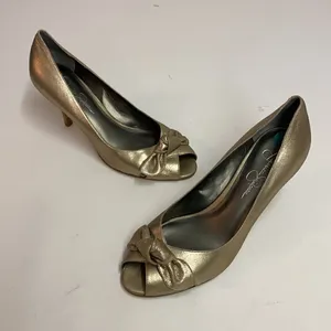 Jessica‎ Simpson Gold Metallic peep Toe Heels Shoes A10 thumbnail 3