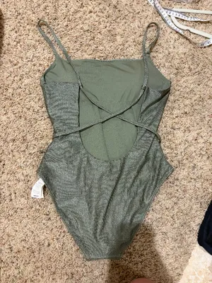 Aerie Shine Ribbed Strappy Scoop Olive Green One Piece Wrap Around Tie Swimsuit thumbnail 9
