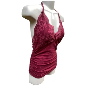 Romwe Whimsigoth Y2K Size S Top Contrast Lace Ruched Tie Back V-Neck Top Vest Red thumbnail 7