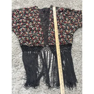 Forever 21 Women’s Sheer Kimono Cardigan Black Embroidered Fringe Boho Festival Size S thumbnail 11