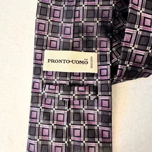 Pronto Uomo Silk Tie Men's Grey Purple Designer Necktie Office Geometric Carrier thumbnail 5