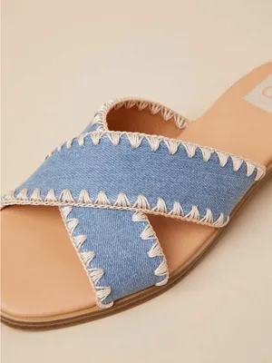 DV by Dolce Vita Light Blue Denim Cross-Strap Slide Sandals with Cream Stitching thumbnail 4