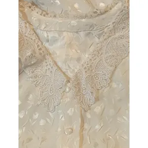 Vtg Ivory Long Sleeve M Blouse Crochet Collar Victorian Feminine Tulip Print EUC thumbnail 2