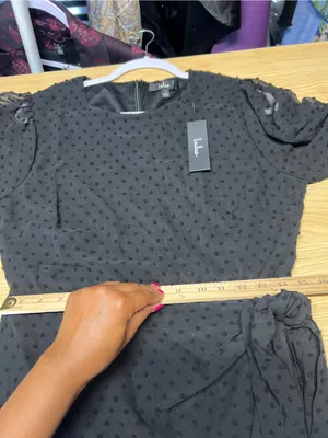 Lulus Black Swiss Dot Ruched Tie Mini Dress Size L NWT thumbnail 15