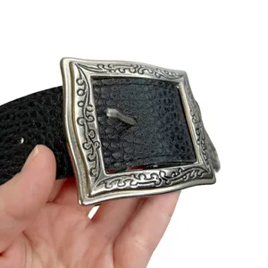 Black Pebbled Faux Leather Square Silver Vine Pattern Buckle Belt thumbnail 3