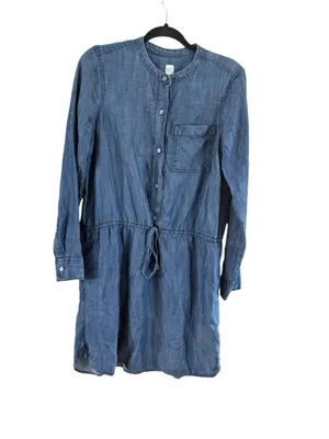 Women's GAP Blue Denim Long Sleeve Drawstring Shirtdress M thumbnail 2